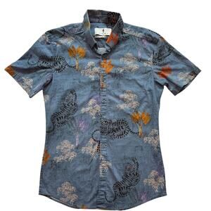 FATHER SON Slim Stretch Blue Tiger Print Short Sleeve Size Medium
